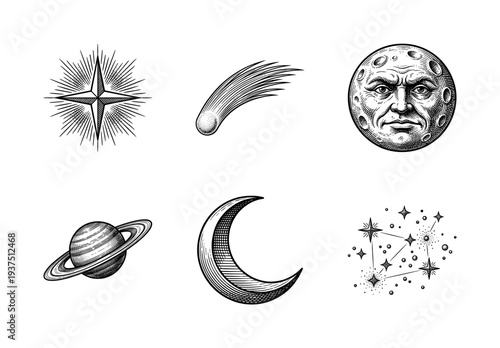 Vintage celestial engravings collection featuring moon with face, saturn, comet, and constellation in woodcut style