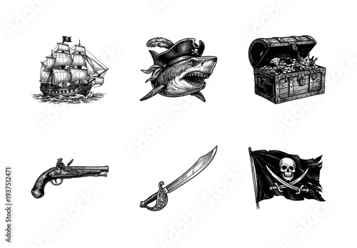Vintage pirate collection featuring a sailing ship shark in hat treasure chest flintlock pistol cutlass sword and jolly roger flag in detailed woodcut engraving style