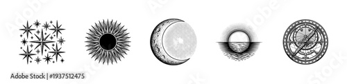 Celestial and nautical vintage engraving collection featuring stars sun moon and astrolabe in a detailed woodcut etching style.