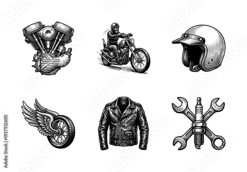 Vintage motorcycle culture collection featuring woodcut style illustrations of v-twin engine, rider on chopper, helmet, winged wheel, leather jacket, and tools.