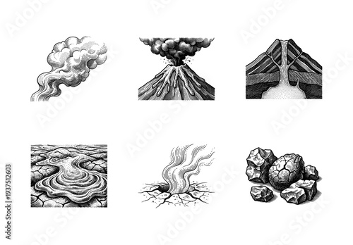 Vintage engraving style collection of volcanic activity icons featuring eruptions magma flows geothermal vents and igneous rock formations