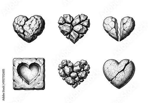 Vintage engraving style stone heart icons set featuring cracked broken and solid rock textures for metaphorical concepts