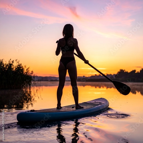 Woman paddleboarding on a tranquil lake at sunset, enjoying a peaceful evening on the water.