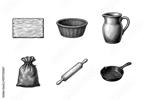 Vintage engraving style collection of rustic kitchenware and household items including a wooden board, basket, pitcher, sack, rolling pin, and cast iron skillet.