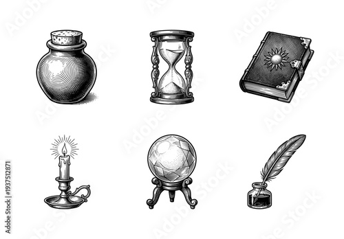 Vintage engraving style collection of mystical and alchemical icons including hourglass, potion jar, spellbook, crystal ball, candle, and inkwell