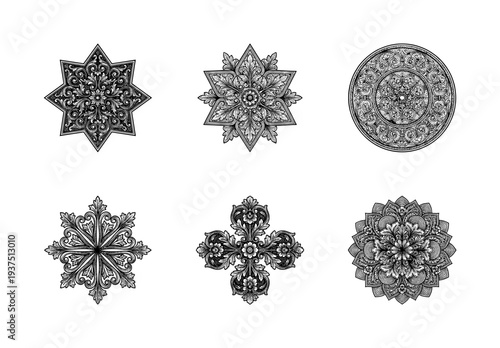 Collection of ornate vintage floral mandalas and decorative filigree ornaments in black and white engraving style