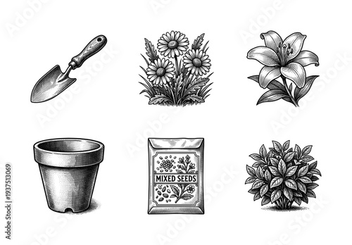 Gardening and horticulture icon set featuring a trowel, terracotta pot, mixed seeds packet, and various botanical floral elements in a vintage woodcut engraving style.