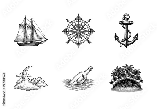 Set of nautical and maritime illustrations featuring a vintage ship, compass, anchor, moon, message in a bottle, and tropical island in a black and white engraving style.