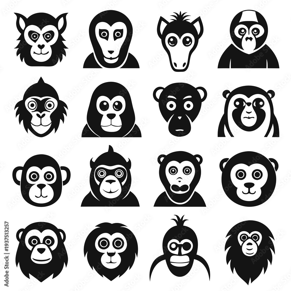 Obraz premium A collection of sixteen illustrated monkey head icons