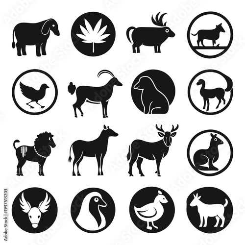 Collection of simplistic animal icons and one plant icon
