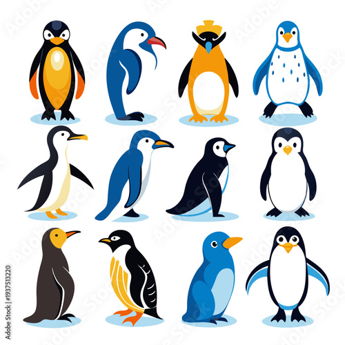 Twelve stylized penguins standing on ice in flat design