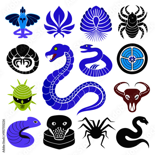 Collection of twelve simplistic animal and plant icons