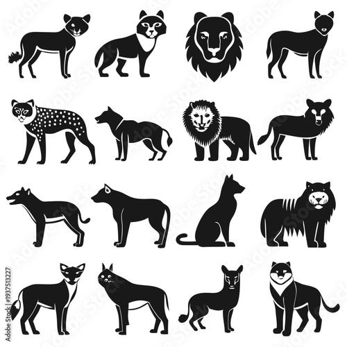 Collection of Wildcat and Canine Silhouette Icons on White
