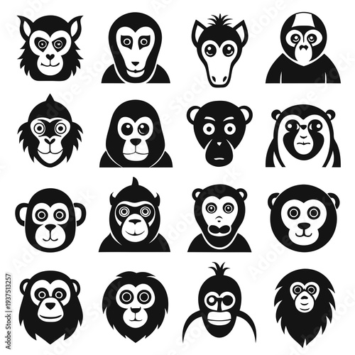 A collection of sixteen illustrated monkey head icons