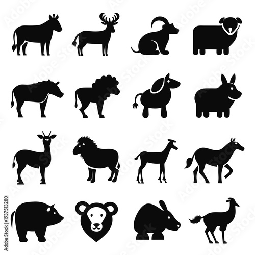 Silhouetted Animal Icon Set with Various Species on White