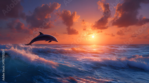 Orange sunset sky over the sea with clouds flying birds and a distant airplane above the ocean horizon