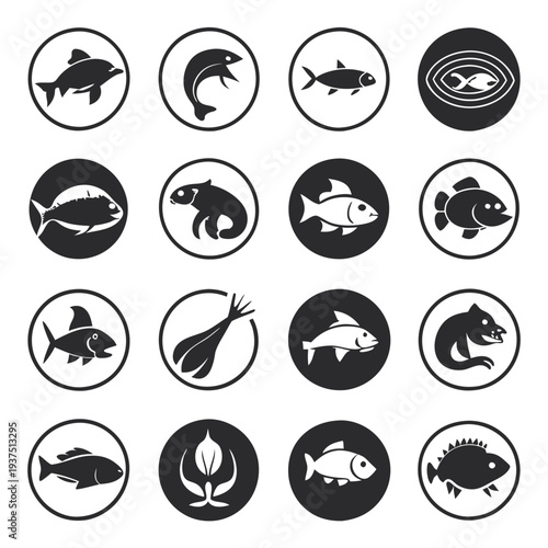 Fish icons in circles, black and white vector graphics