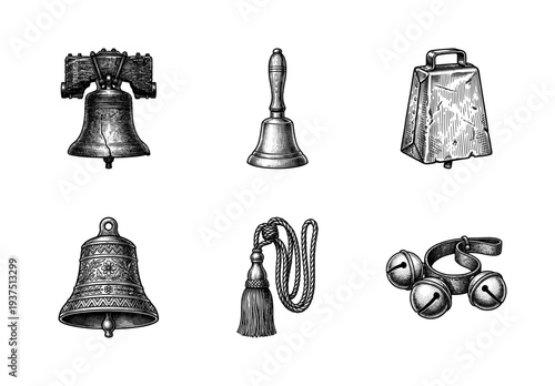 Collection of vintage bell illustrations including cowbell sleigh bells and hand bell in detailed woodcut engraving style