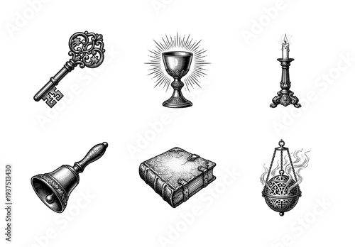 Set of vintage engraving style icons featuring a mystical key, chalice, candle, bell, old book, and incense burner.