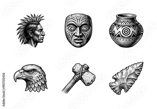 Set of black and white engravings featuring indigenous cultural symbols including a warrior profile mask pottery eagle head stone axe and arrowhead