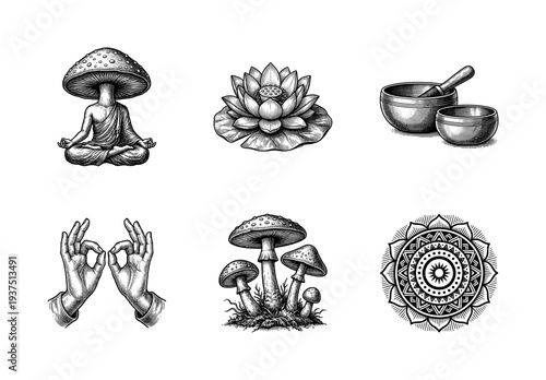 Vintage engraving collection of mystical and spiritual symbols featuring meditating mushroom figure, lotus flower, singing bowls, mudra hands, and mandala