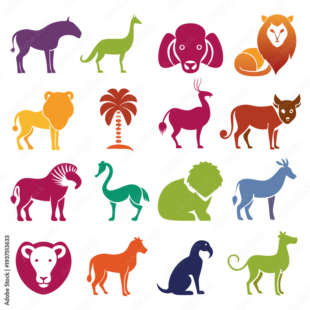 Naklejka premium Colorful animal icon collection with various species and colors