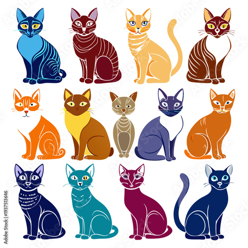 Stylized vector illustration of various colorful cat breeds
