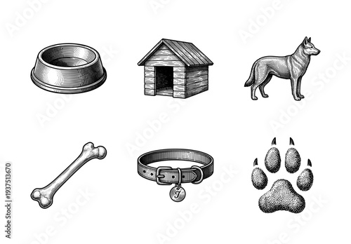 Set of vintage woodcut style dog icons including kennel bowl collar bone paw print and canine silhouette