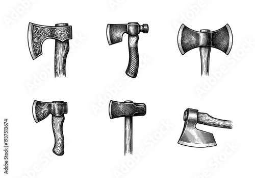Collection of vintage hand-drawn axe illustrations featuring woodcarving tools, survival hatchets, and double-bladed axes in an engraved etching style.