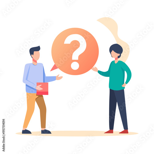 Flat illustration of two people having a discussion or debate with a large question mark in the center, representing confusion, problem-solving, communication, or uncertainty
