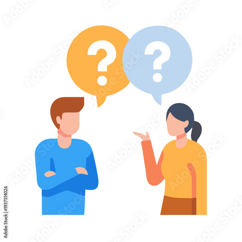 Flat illustration of two people having a discussion or debate with a large question mark in the center, representing confusion, problem-solving, communication, or uncertainty
