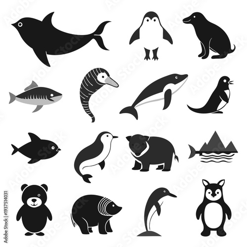 Monochrome illustration featuring marine animals and wildlife in flat design