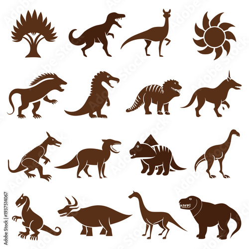 Dinosaur silhouettes and prehistoric flora vector illustration