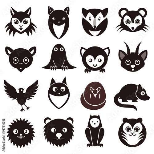 Collection of sixteen stylized animal vector icons on white