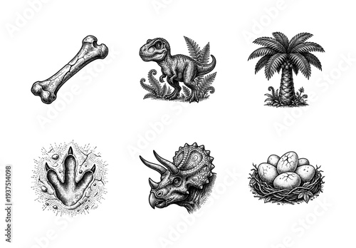 Set of vintage dinosaur and prehistoric life woodcut style illustrations featuring fossils, triceratops, t-rex, eggs, and tropical palm tree