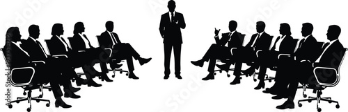 Business Meeting Silhouette of Speaker Addressing Corporate Team in Boardroom Seminar for Leadership Training Professional Group Discussion and Office Presentation Graphics