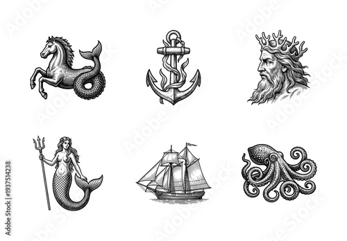 Vintage nautical woodcut illustration collection featuring a seahorse, anchor, poseidon, mermaid, sailing ship, and octopus.