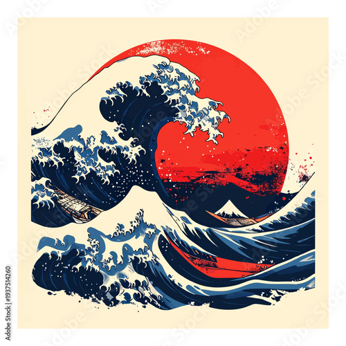 Ocean Waves Crashing Against Red Sunset.