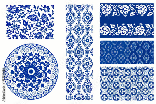 Collection of blue and white porcelain floral pattern designs
