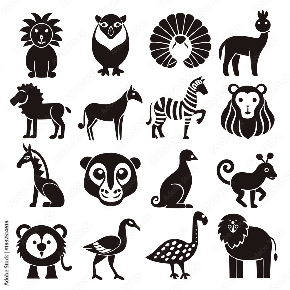 Obraz premium Collection of sixteen simplified animal silhouettes against a white background