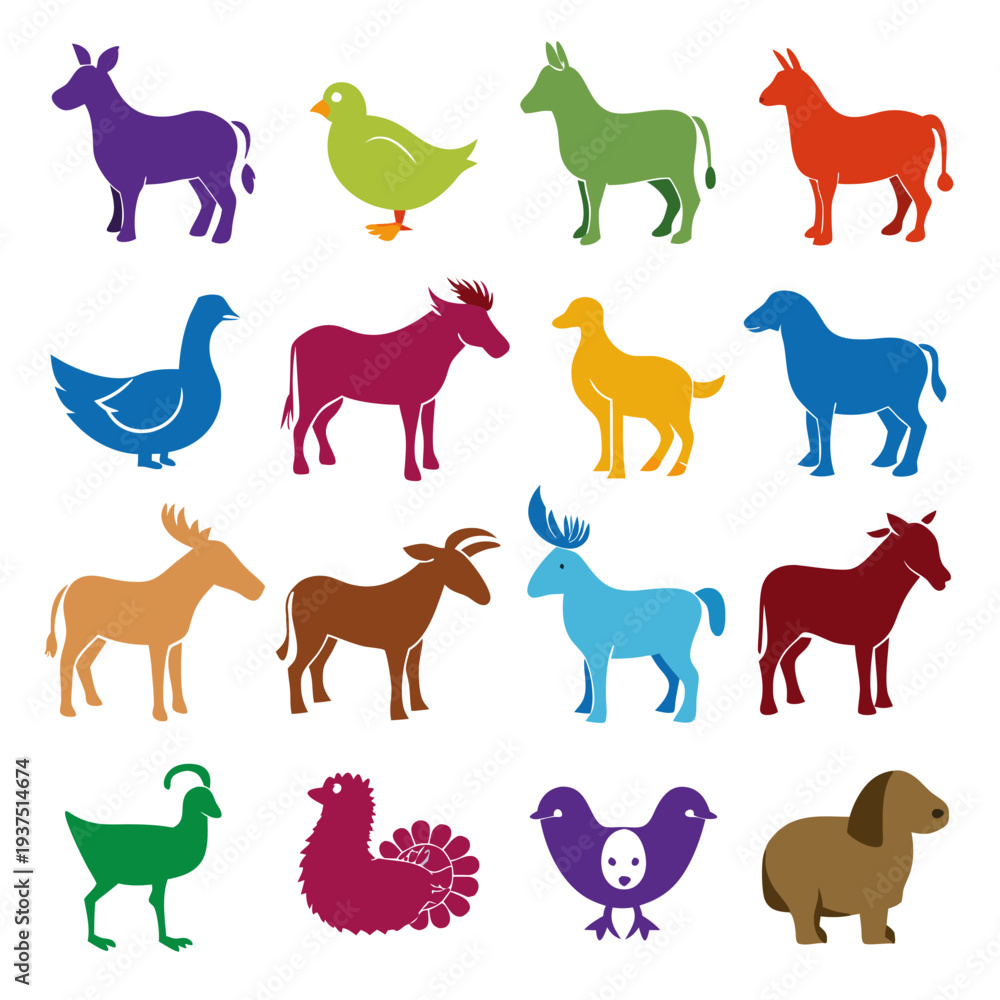 Naklejka premium Colorful animal silhouettes arranged on a clean white background