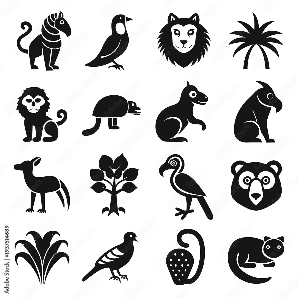 Obraz premium Collection of animal and plant icons in black color