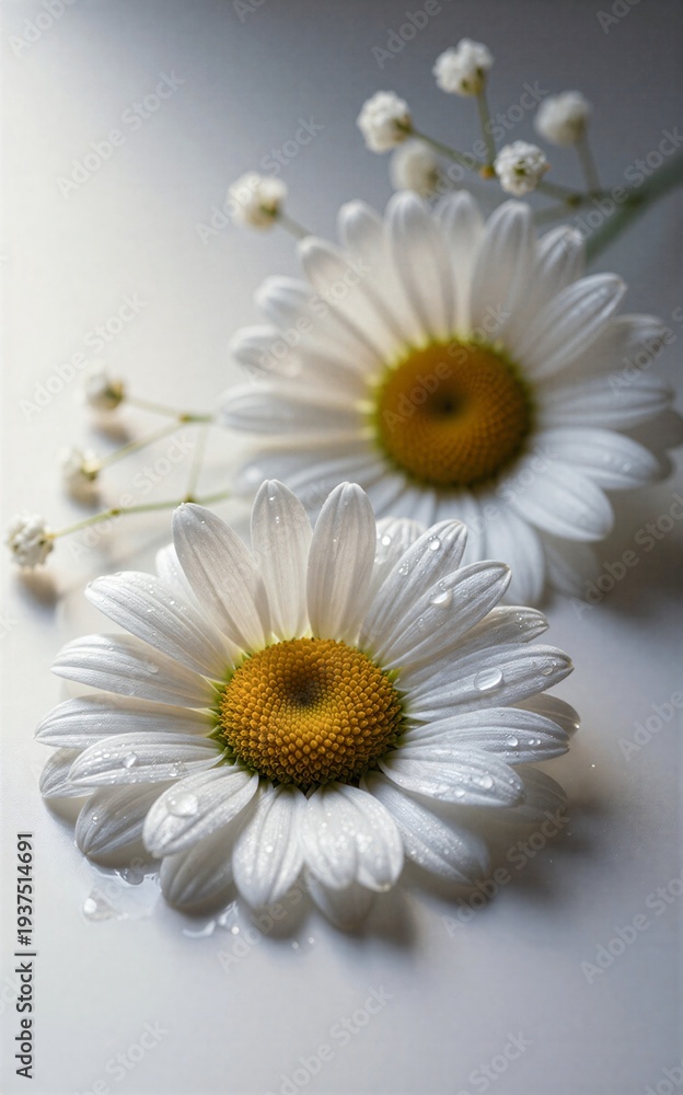 Obraz premium Two daisies with dew drops surrounded by delicate white flowers on a