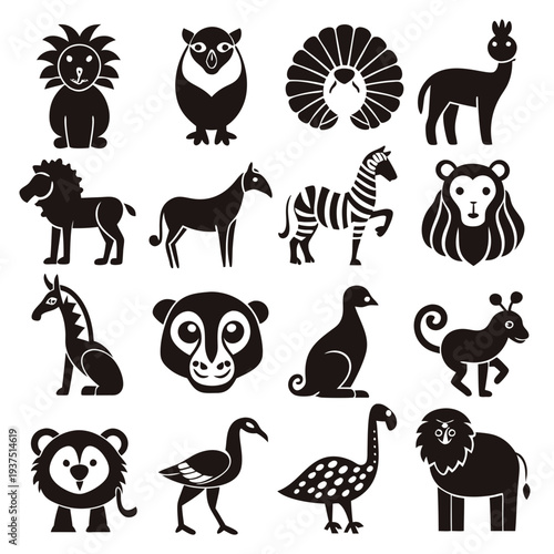 Collection of sixteen simplified animal silhouettes against a white background