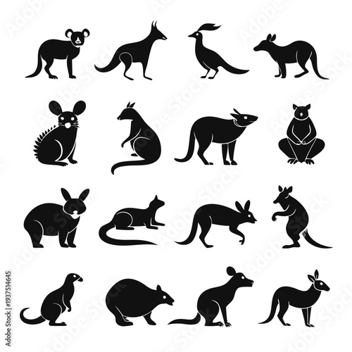 Collection of stylized animal silhouettes in black and white