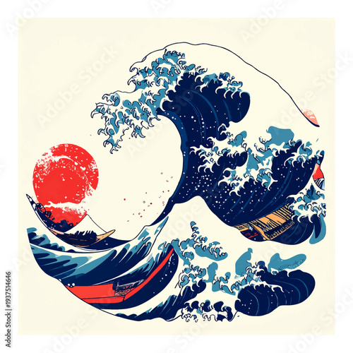 Wave Crashing with Red Sun Illustration.