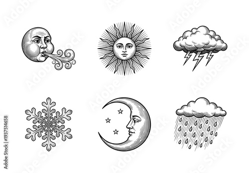 Set of celestial and meteorological weather icons in vintage woodcut engraving style including sun moon wind and storm elements