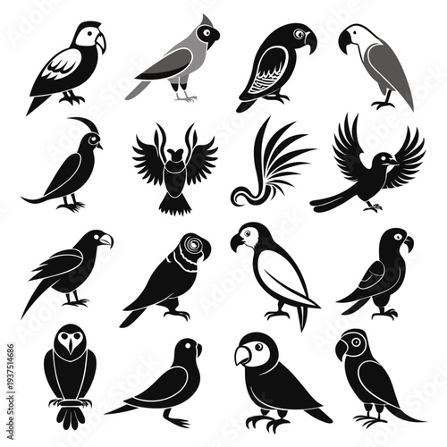 Variety of Bird Icon Silhouettes in Black and Gray