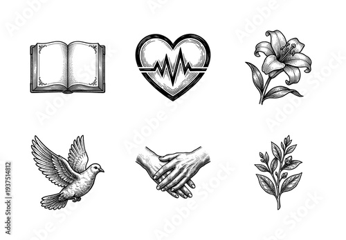 Set of black and white woodcut style illustrations featuring a book heart with pulse lily dove joined hands and laurel branch