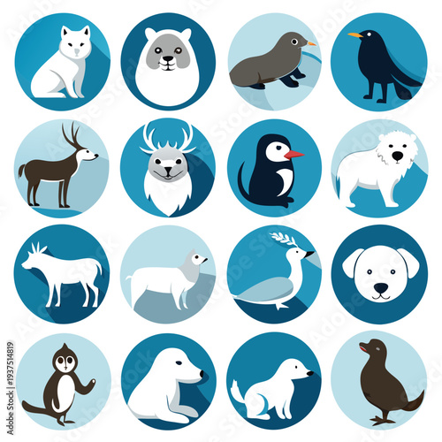 Vector Illustration Set: Animals and Birds in Circular Icons